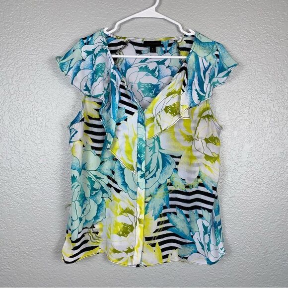 Worthington Womens Floral Striped V-Neck Ruffle Trim Button Front Blouse Large - Picture 1 of 5